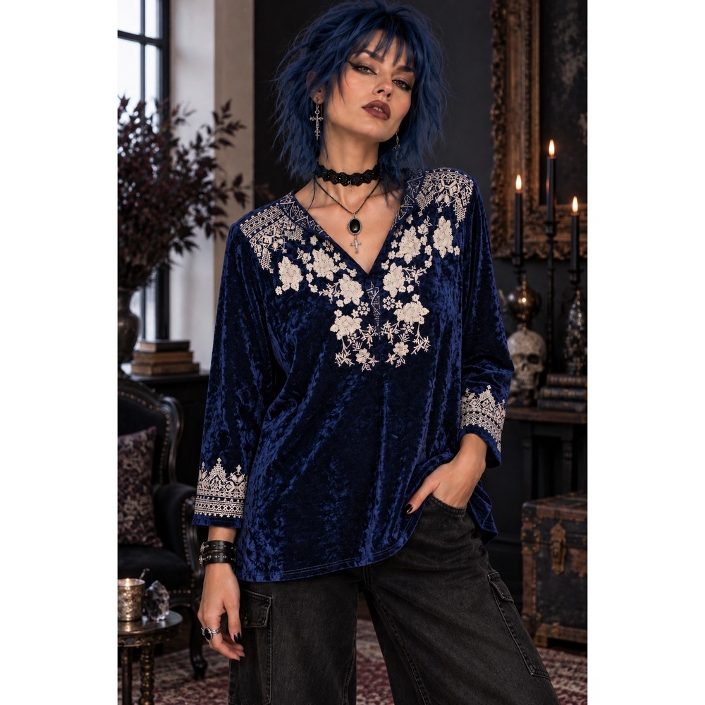 Andrée by Unit L Navy Velvet Embroidered Floral Tunic Boho Statement Top